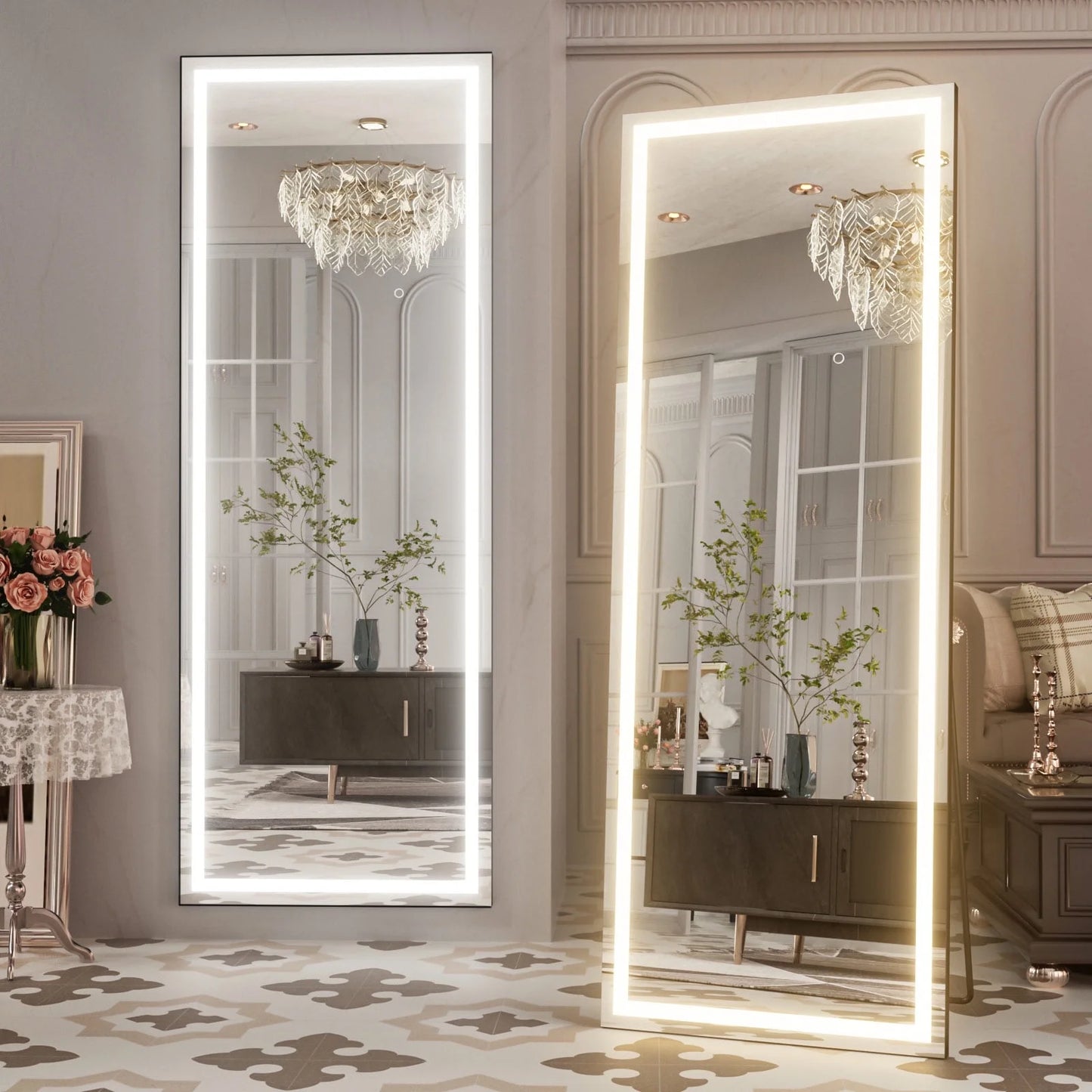 LED Full Length Mirror with Lights, Black Frame Lighted Floor Mirror, Dimmable & 3 Color Modes,65"x24"