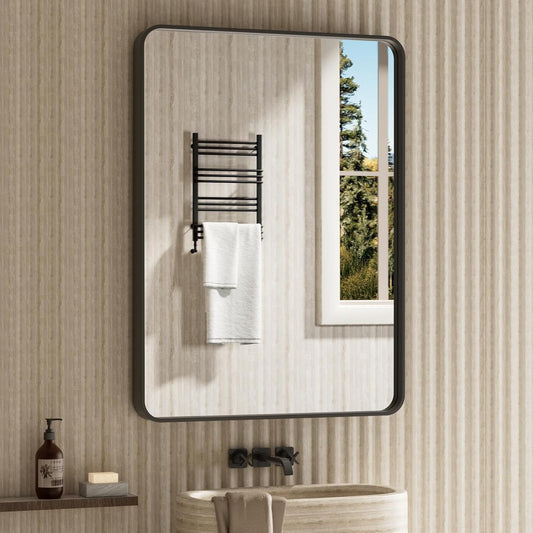 JISOSO Bathroom Mirror, 24 x 32 Inch Wall Mounted Mirror, Black Metal Frame Vanity Mirror with Tempered Glass