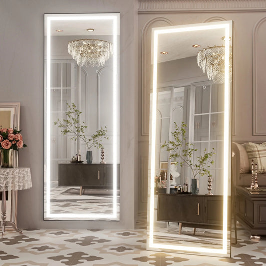 LED Full Length Mirror with Lights, Black Frame Lighted Floor Mirror, Dimmable & 3 Color Modes,57"x18"