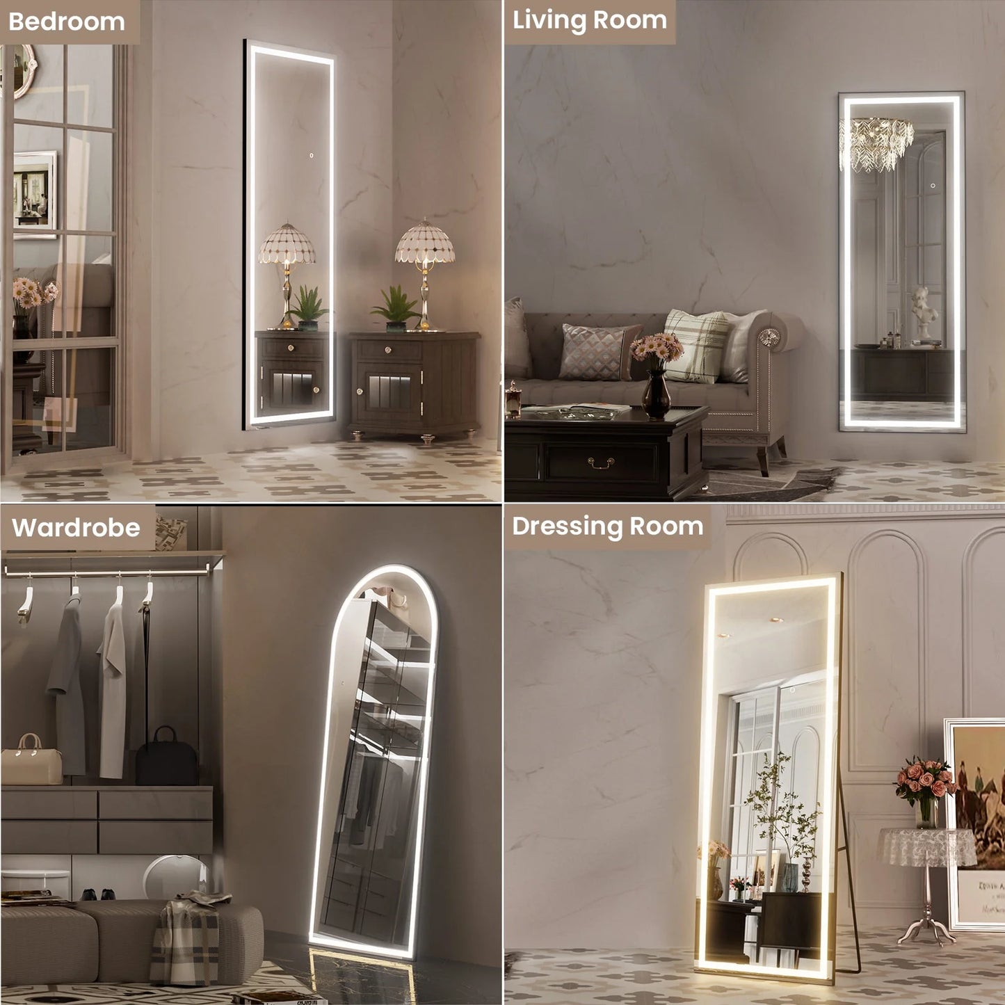 LED Full Length Mirror with Lights, Black Frame Lighted Floor Mirror, Dimmable & 3 Color Modes,65"x24"