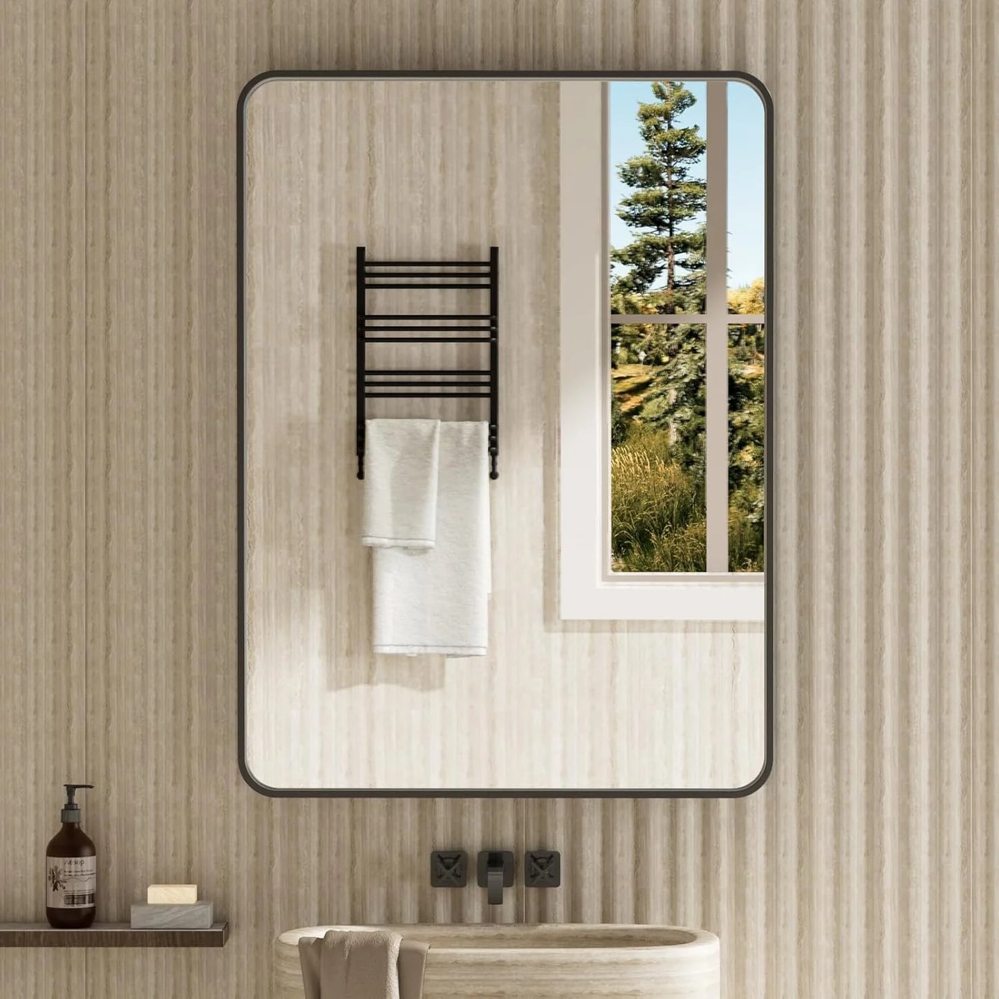 JISOSO Bathroom Mirror, 24 x 32 Inch Wall Mounted Mirror, Black Metal Frame Vanity Mirror with Tempered Glass