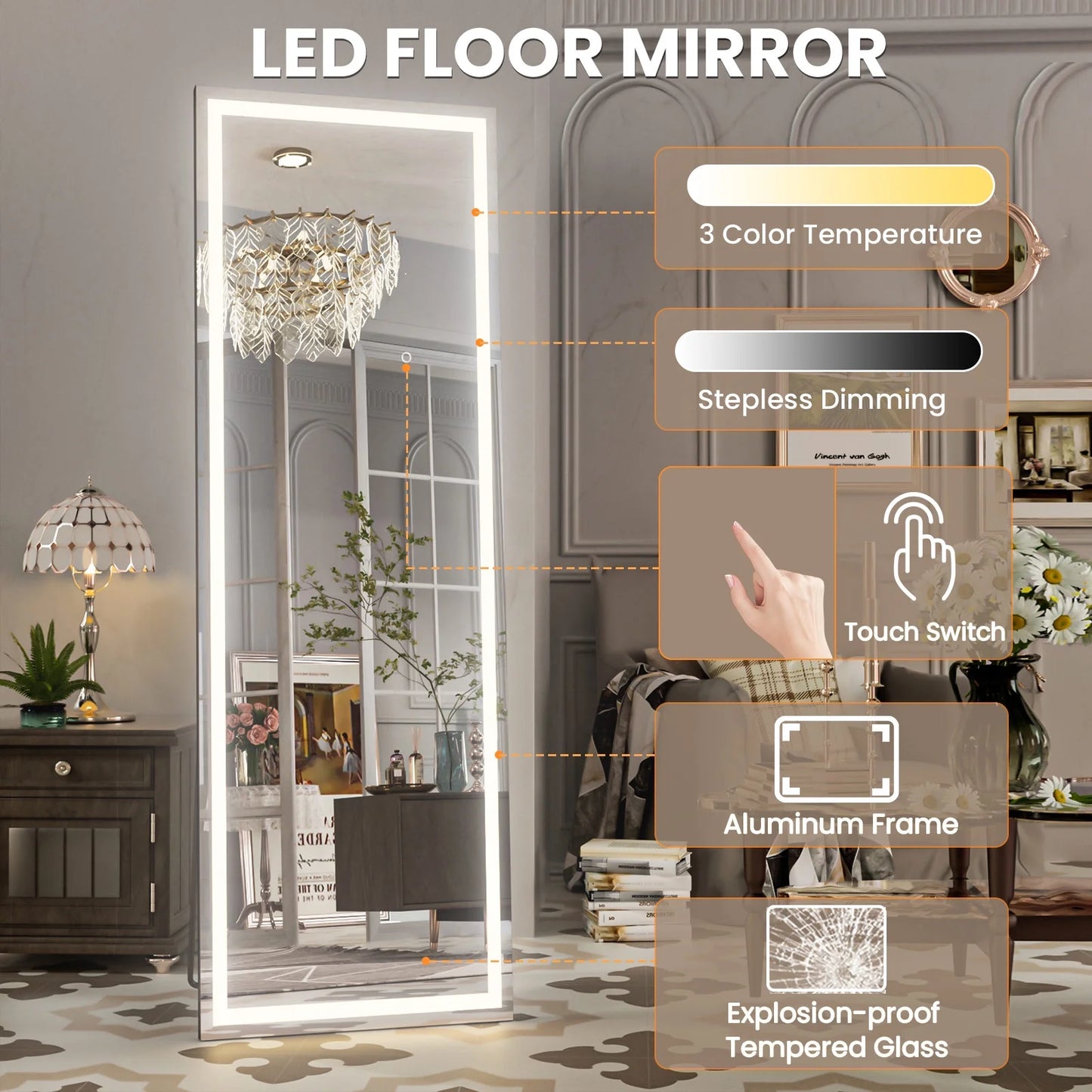 LED Full Length Mirror with Lights, Black Frame Lighted Floor Mirror, Dimmable & 3 Color Modes,65"x24"