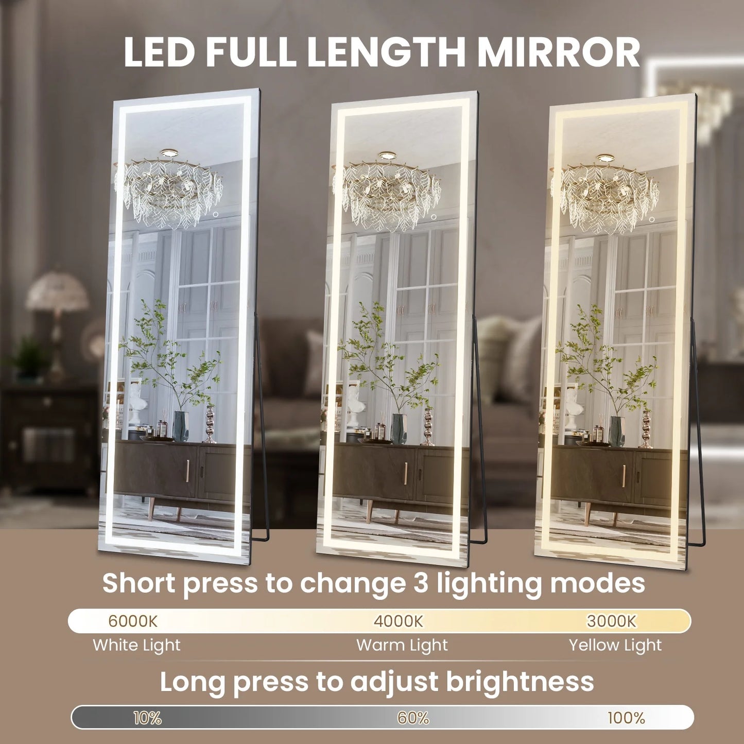 LED Full Length Mirror with Lights, Black Frame Lighted Floor Mirror, Dimmable & 3 Color Modes,57"x18"