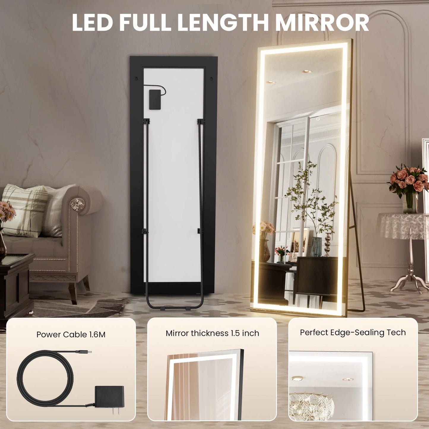 LED Full Length Mirror with Lights, Black Frame Lighted Floor Mirror, Dimmable & 3 Color Modes,57"x18"