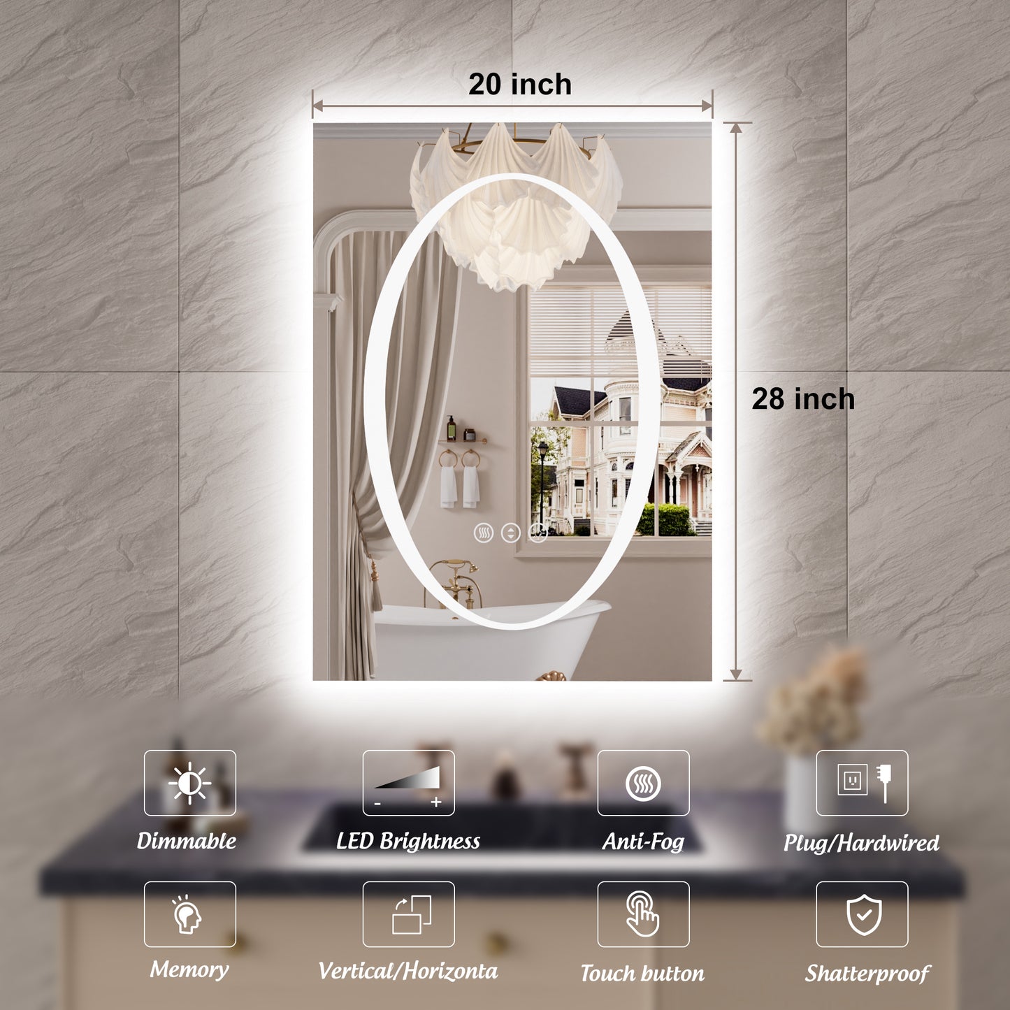 Double-layer LED Bathroom Mirror 20x28 Inch,Wall Mirrors with Anti-Fog Vanity Mirror ,Shatter-Proof,Memory Makeup Mirror with LED Lights