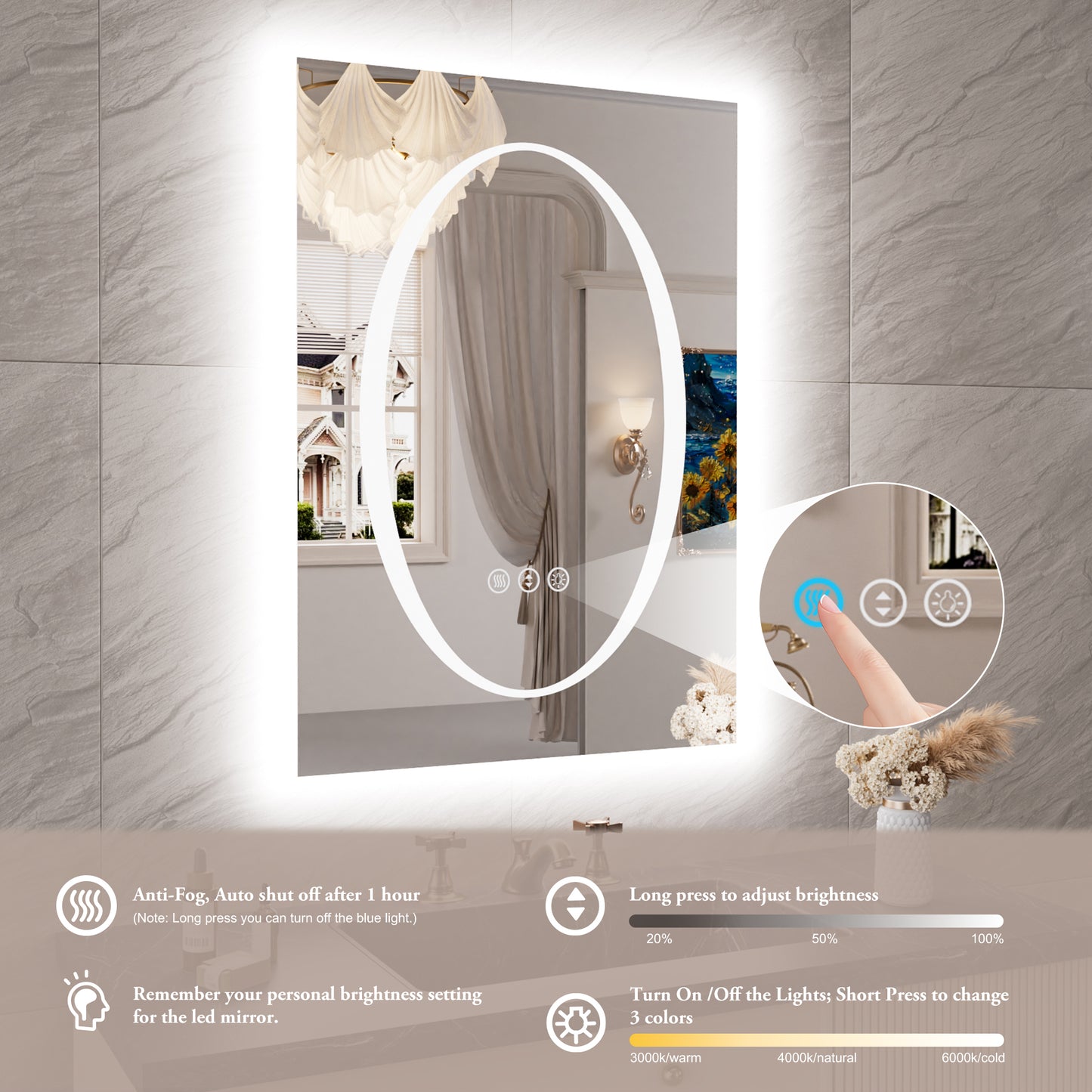 Double-layer LED Bathroom Mirror 20x28 Inch,Wall Mirrors with Anti-Fog Vanity Mirror ,Shatter-Proof,Memory Makeup Mirror with LED Lights