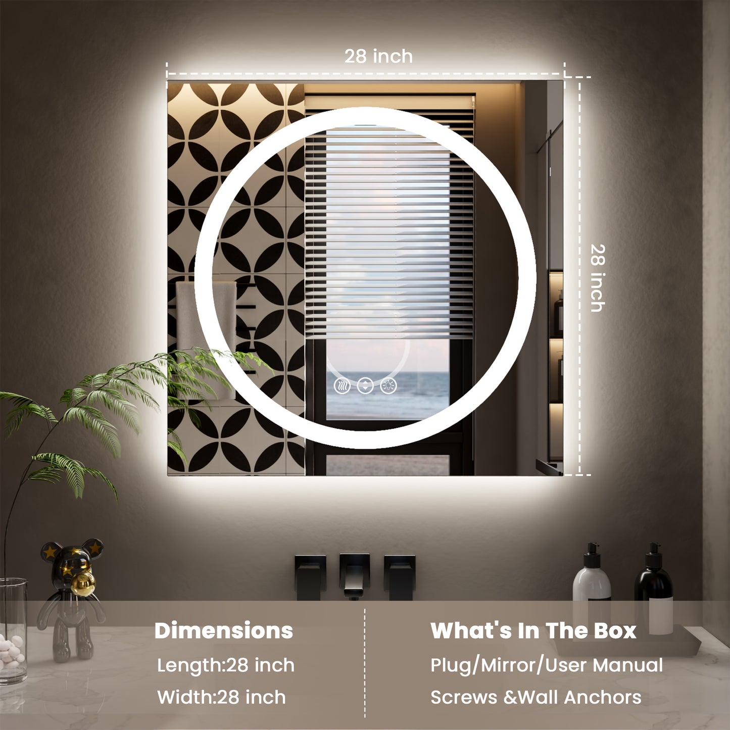 Double-layer LED Bathroom Mirror 28x28 Inch,Wall Mirrors with Anti-Fog Vanity Mirror ,Shatter-Proof,Memory Makeup Mirror with LED Lights